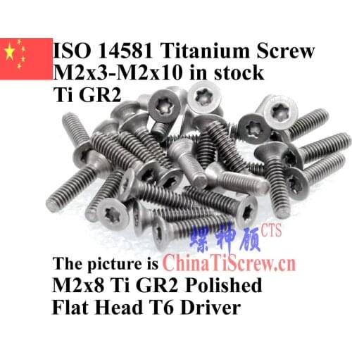 ISO 14581 M2 Titanium screws M2x3 M2x4 M2x5 M2x6 M2x8 M2x10 Flat head T6 Driver Ti GR2 10 pcs