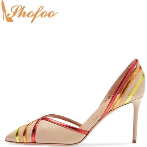 Rainbow D'Orsay Pointed Toe Stiletto High Heels Women Pumps Slip On Large Size 14 15 Ladies Summer Fashion Strap Shoes Shofoo