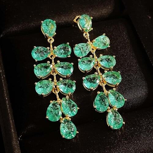 Vintage Fashion Leaves Green Crystal Emerald Gemstones Diamonds Drop Earrings for Women 18k Gold Color Jewelry Dress Accessories