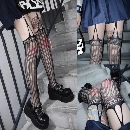 Y1QD Japanese Lolita Women Suspender Pantyhose Dark Punk Sexy Hollow Out Fishnet Mesh Tights Jacquard Stretchy Garter Belt Thigh