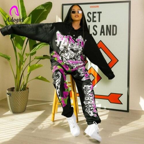 Graffiti Print Women Two-piece Set Loose Hoodies and Baggy Sweatpants Black High Street Jogging Pants Matching Suit Set Outfits