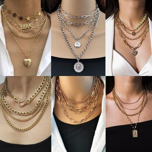 Punk Multi Layered Chunky Chain Choker Necklaces for Women Vintage Portrait Coin Heart Stars Pendant Necklace Hip Hop Jewelry