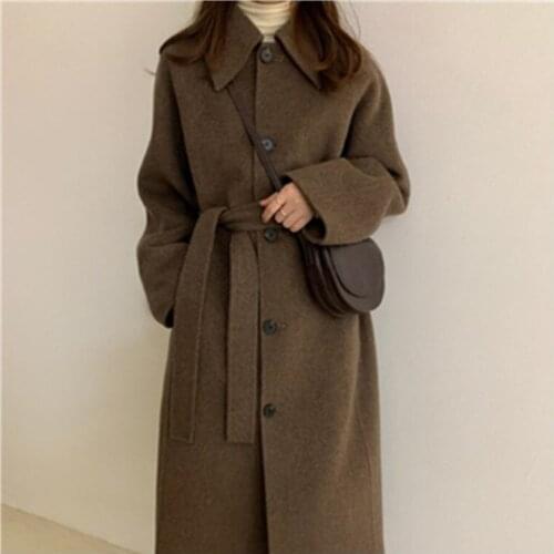 FNOCE 2021 spring new womens woolen overcoats fashion trends casual elegant solid single breasted slim X-Long outwear coats