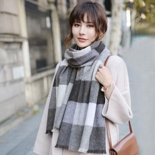 Winter Plaid Wool Scarf Neck Warmer Women Shawls,Wraps Thicken Pashmina Echarpe for Ladies Cashmere Scarves Foulard Femme Hiver