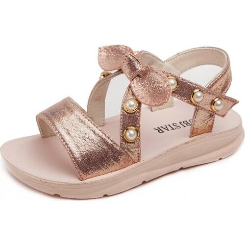 Free Shipping Kids Sandals Girls Summer Shoes Fashion Sequin Pearl Bow Princess Sandals Flat Heels Children Girl Shoes EU 26-36