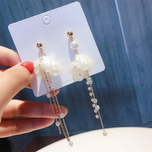 Long Tassel Imitation Pearl Korean Fashion Drop Earrings Flower Shell Femme Dangle Earrings Jewelry Gift