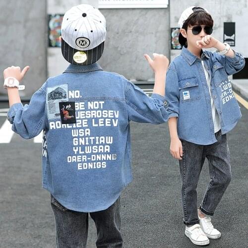 FYH Children Denim Shirts Letter Printed Kids Long-sleeve Turn-down Collar Boys Shirts for 4-14 Years Old Teenagers Shirt
