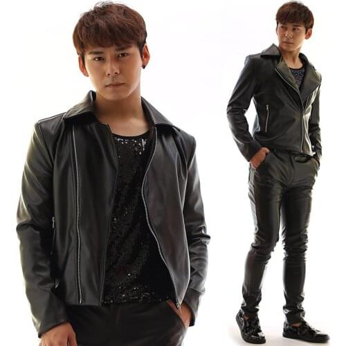 Personalized motorcycle mens leather jacket slim coat oblique zipper jackets jaqueta de couro stage street dance rock black