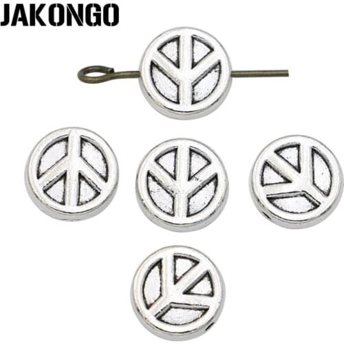 JAKONGO 20pcs Antique Silver Plated Peace Sign Spacer Beads for Jewelry Making Bracelet Accessories DIY Handmade Craft 10mm