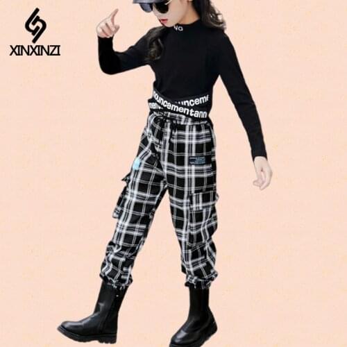 Girls' plaid pants autumn and winter style hip-hop pants, girls beam pants, childrens overalls, casual plus velvet trousers