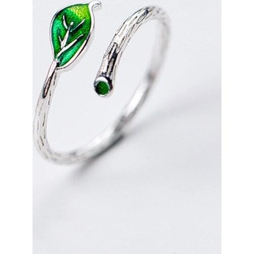 925 Sterling Silver Rings Korean Fashion Simple Branch Green Leaf Open Adjustable Literary For Girls Daughter Student Jewelry