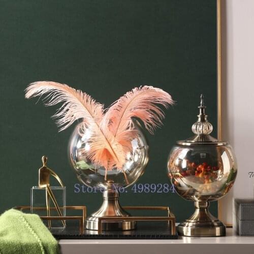 Creativity Glass Vase Metal Transparent Feather Desktop Flower Arrangement Modern Home Living Room Decoration Flowers Vases