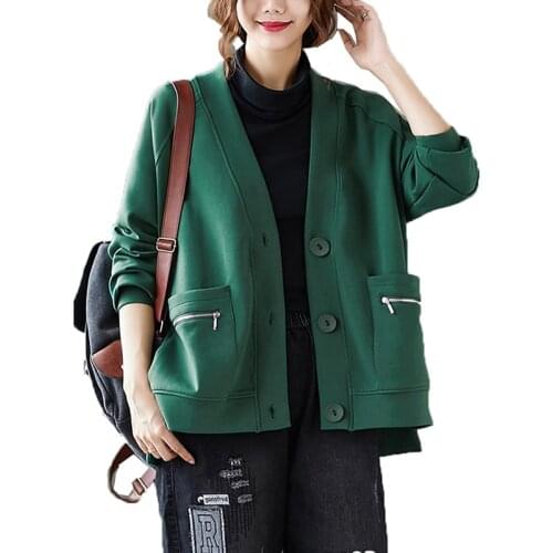 Oversize Womens Jacket 2020 New Spring Autumn Casual Coat Short V-Neck Single-Breasted Loose Green Black Outerwear Female Tops