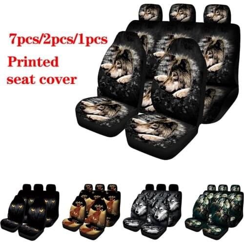 Car seat cover, 2 front seat covers, 2 split bench covers, black cat. Wolf pattern, durable washable cover, dust-proof full set