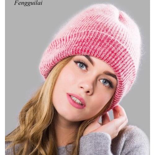 New Rabbit Fur Beanie Hat for Women Winter Skullies Warm Wool Cap Gorros Female Cap