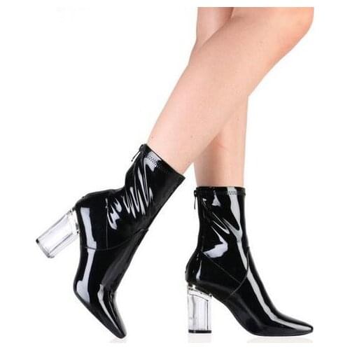 Newest Cheap Price Shinny Patent Leather Pointed Toe Ankle Bootie High Thick Heel Women Dress shoes woman Back Zipper Women