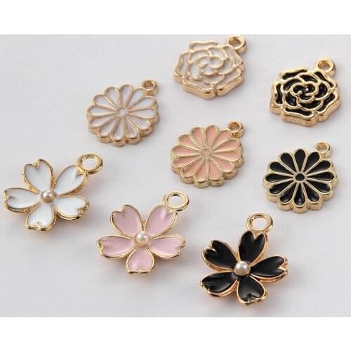 100PCS/Lot Gold Color Colorful Oil Drop Flower Charm With Imitation Pearl Enamel Flower Pendant For DIY Jewelry Making