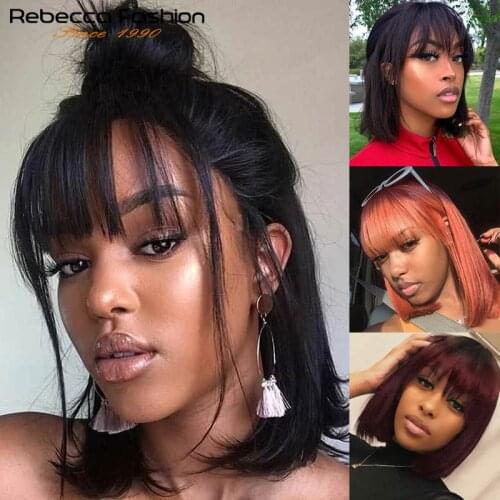Rebecca Pixie Cut Bob Wig Peruvian Remy Straight Short Human Hair Wigs For Women Full Wig Ombre Red Blond Human Hair Bangs Wig