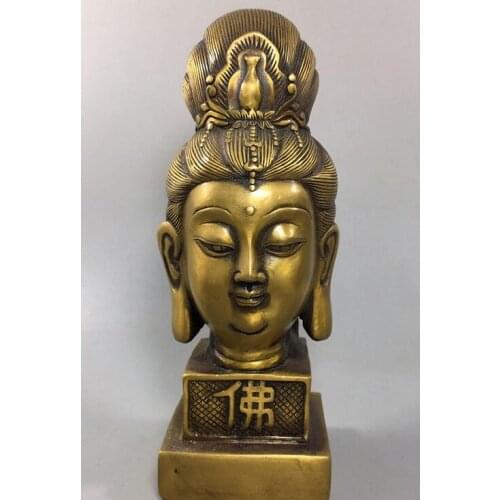 8.2”rare China antique brass Guanyin Head portrait statue