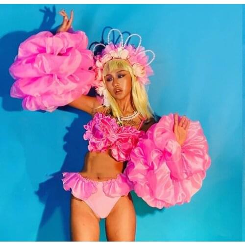 Flower Headdress Bubble Sleeve Bikini Outfits Women Nightclub Bar Party Show Dance Costume Festival Rave Performance Stage Wear