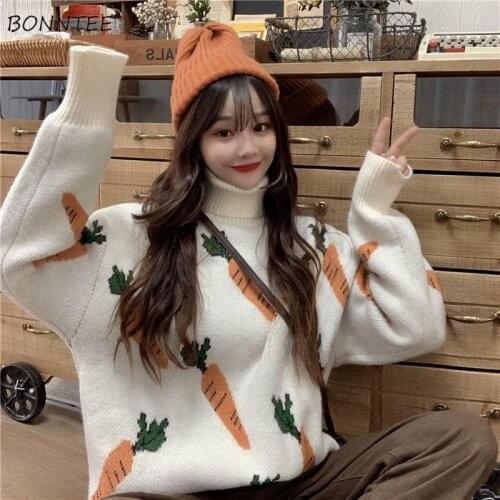 Turtleneck Sweater Womens Winter Warm Knitted Cartoon Sweet Cute Kawaii Long Sleeve Loose College Style Students Leisure Chic
