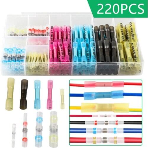220Pcs Heat Shrink Butt Connectors & Solder Seal Electrical Butt Connectors Waterproof Insulated Crimp Terminal for Connectors