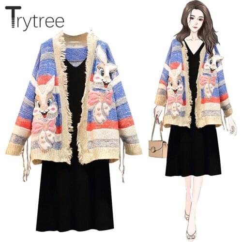 Trytree 2020 Winter Two Piece Knitted Women Sets Cartoon Stripe Tassel Cardigan + V-neck Black Sling Dress Mid-Calf 2 Piece Set