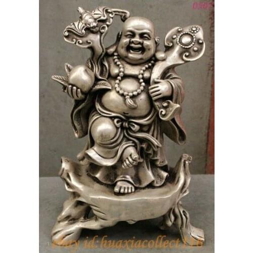 Folk Silver Buddha RuYi Bat Fu Shou Peach Happy Laugh Maitreya Statue copper Decoration real Brassroom Art Statue