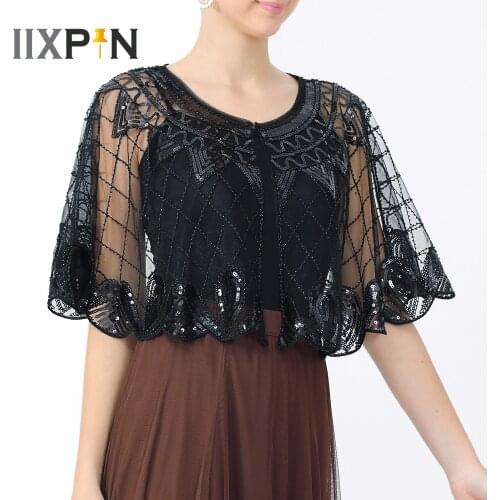 Vintage Womens 1920s Sequin Shawl See Through Beaded Boleros Shrug Cardigan Wedding Wraps Ladies Evening Cape Flapper Cover Up