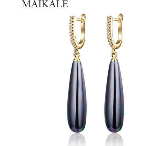 MAIKALE Luxury Black Red Gold Pearl Earrings for Women Zirconia CZ Long Drop Earrings Wedding Party Jewelry Fashion Gifts