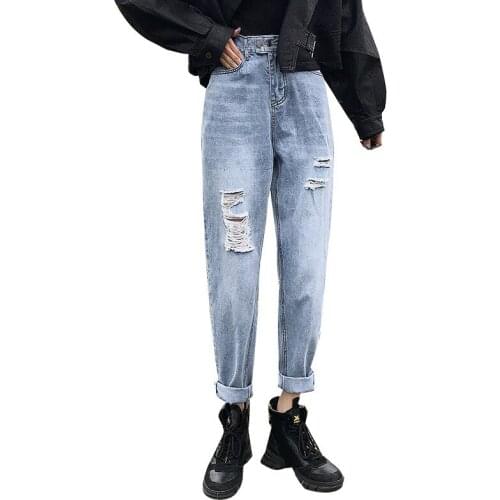 Spring Ripped Denim Jeans Korean High Waist Blue Loose Herem Pants Plus Size Women Trouser Boyfriend Jean Female Streetwear New