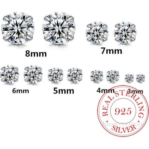 100% S925 sterling Silver stud Earrings for women 2020 Korean Crystal 3mm/4mm.5mm/6mm/7mm/8mm 6pcs set couples wedding earrings