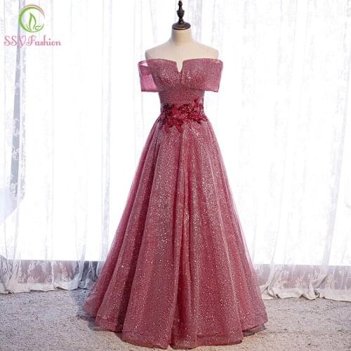 SSYFashion New Luxury Banquet Elegant Burgundy Evening Dress Boat Neck A-line Sequins Shining Long Prom Formal Gowns Vestidos