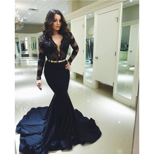 Black Lace Mermaid Prom Dresses 2021 Long Sleeve Applique Sexy Evening Gowns With Sweep Train Part Dress Women Formal Wear