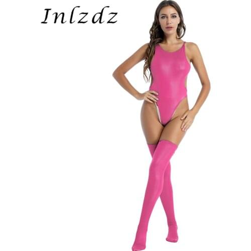 Womens Lingerie Nightwear Hollow Out Back High Cut Bodysuit with Stocking for Swimming Faux Leather Sexy Lingerie Set Sleepwear