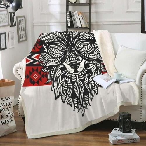 Wolf Blanket Ethnic Style Throw Blanket Retro Geometry Sherpa Fleece Blanket Wolf Head Soft Warm Plush Blanket For Bed Sofa