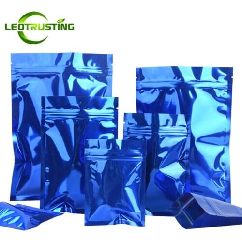 100pcs Glossy Blue Aluminum Foil Flat Zipper Bag Resealable Powder Snack Beaf Spice Buttery Chips Heat Sealing Storage Pouches