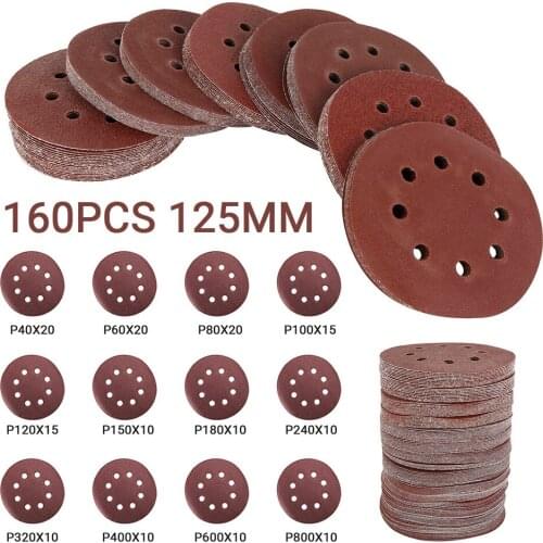 160 Pcs 40/60/80/100/120/150/180/240/320/400/600/800 Sandpaper Grits Sanding Disc Pad Set 5 Inch For Polishing Cleaning Tools