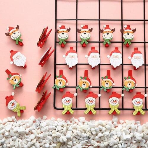 60pcs/10 Packs Red Christmas Decoration Clip Santa Claus Elk Wood Clips Mini Wooden Photo Paper Peg Pin Craft Clips Kids Gifts