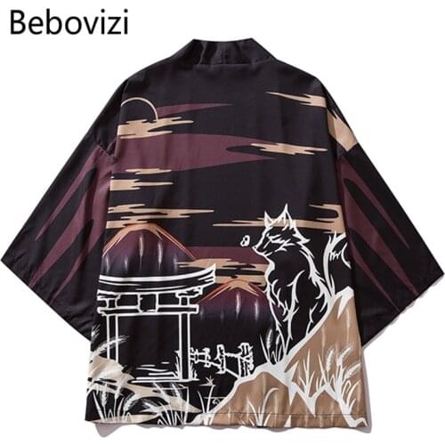 Bebovizi Japan Style Printed Black Thin Kimono Men Japanese Streetwear Ukiyo E Jackets 2019 Casual Outerwear Robe