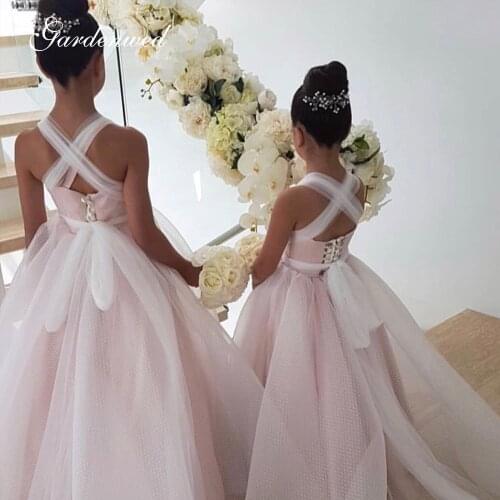 Glitter Pink Flower Girl Dresses Criss-cross Ribbons Wedding Party Dress Bow Sashes Shiny Celebrity Dresses Princess Dress