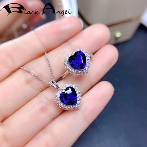 BLACK ANGEL 2021 New Romantic Created Sapphire Heart Pendant Necklace Resizable Rings Wedding Gift Jewelry Set For Women