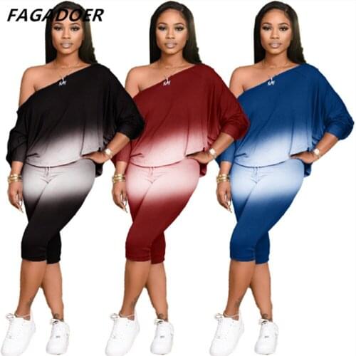 FAGADOER Gradient Print Off Shoulder T Shirts & Pants Sport Casual Streetwear Women Two Piece Outfits Autumn Fashion Suits 2021