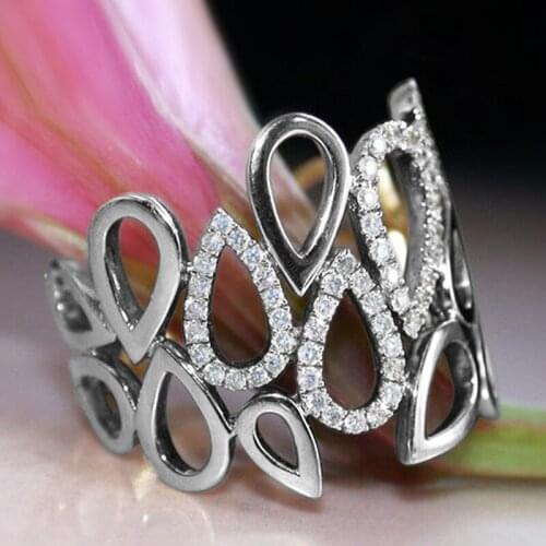 Exaggerated Personality Drop-shaped Hollow Micro-inlaid Ring Ladies Trendy Accessories Wedding Prom Engagement Ring