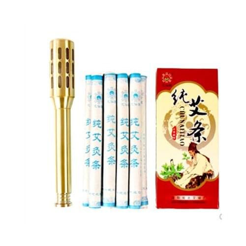 Brass Moxa Roll Set acupuncture Therapy copper Massage Meridian Moxa Moxibustion Roller Stick micro-smoke mugwort Burner