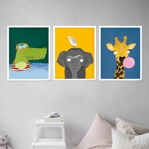 Cute Funny Giraffe Elephant Crocodile Wall Art Canvas Painting Nordic Posters and Prints Wall Pictures for Living Home Decor