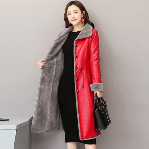 2018 Winter New Long Leather Jackets Lamb Fur Plus Size Velvet Thick Coats Women Warm Leather Outerwear Fashion Elegant Parkas