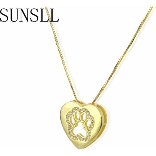 SUNSET New Gold/Silver Color Copper White Cubic Zirconia Heart Shape Cute Dog Feet Pendant Necklace women/Children Jewelry gifts