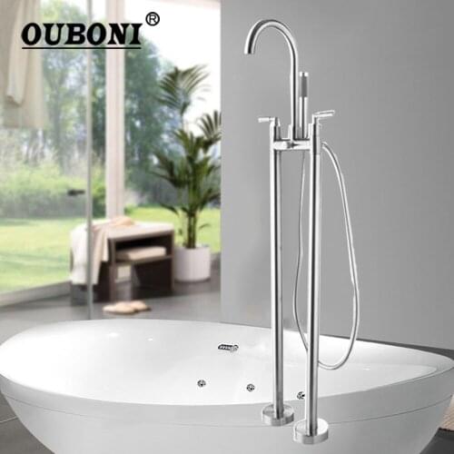 OUBONI Nickel Brushed Floor Mounted Bathtub Faucet Solid Brass Dual Handles Free Standing Bathroom Bath Shower Set Mixer Faucet