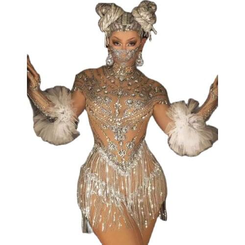 Feather Tassel Rhinestone Jumpsuit Sparkly Women Sexy Nightclub Catwalk Show Costume Latin Dance Bodysuit Birthday Party Outfits